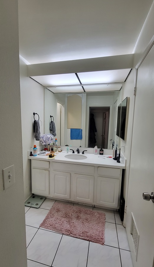 Bathroom before remodel showing outdated vanity and fixtures.