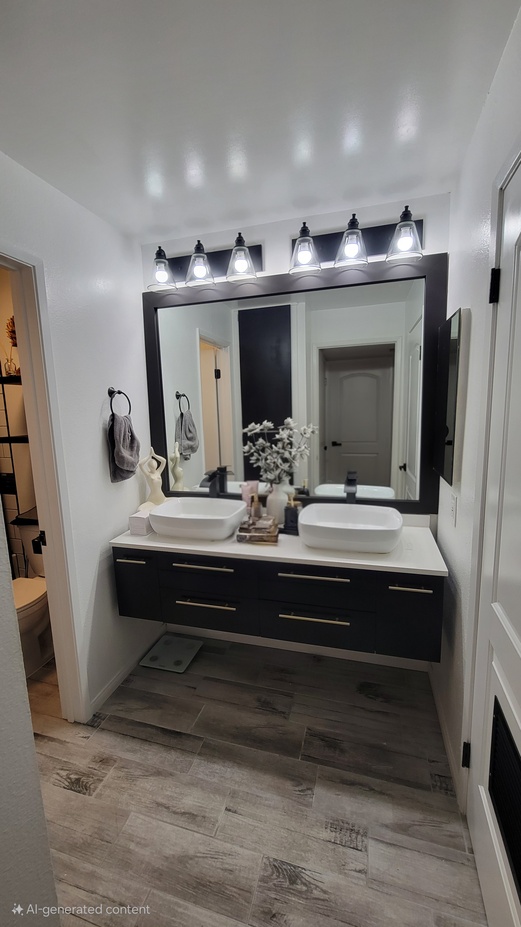 Modern bathroom remodel with custom vanity, double sinks, and LED mirror lighting.